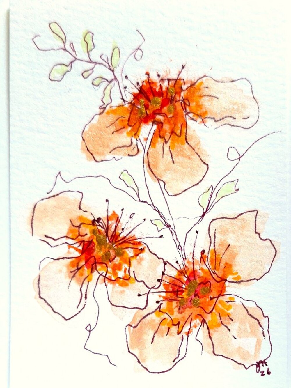 ACEO Watercolor Floral  Peach Tones with Gold & Iridescent Accents  Ships Free